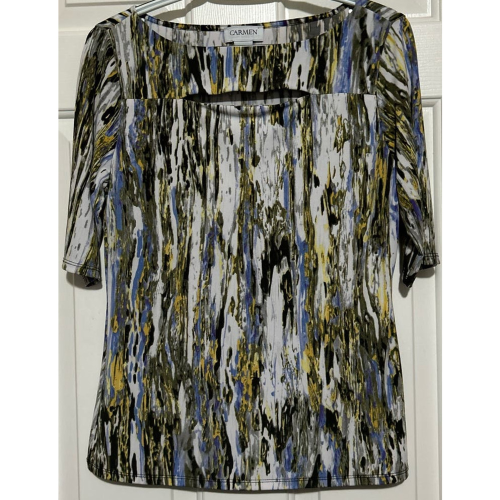 Carmen Women's Black Blue Yellow Slit in Front Short Sleeve Top Size‎ M